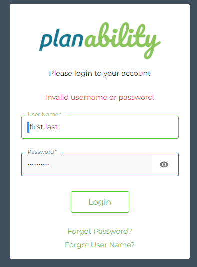 Invalid / forgot Username or Password